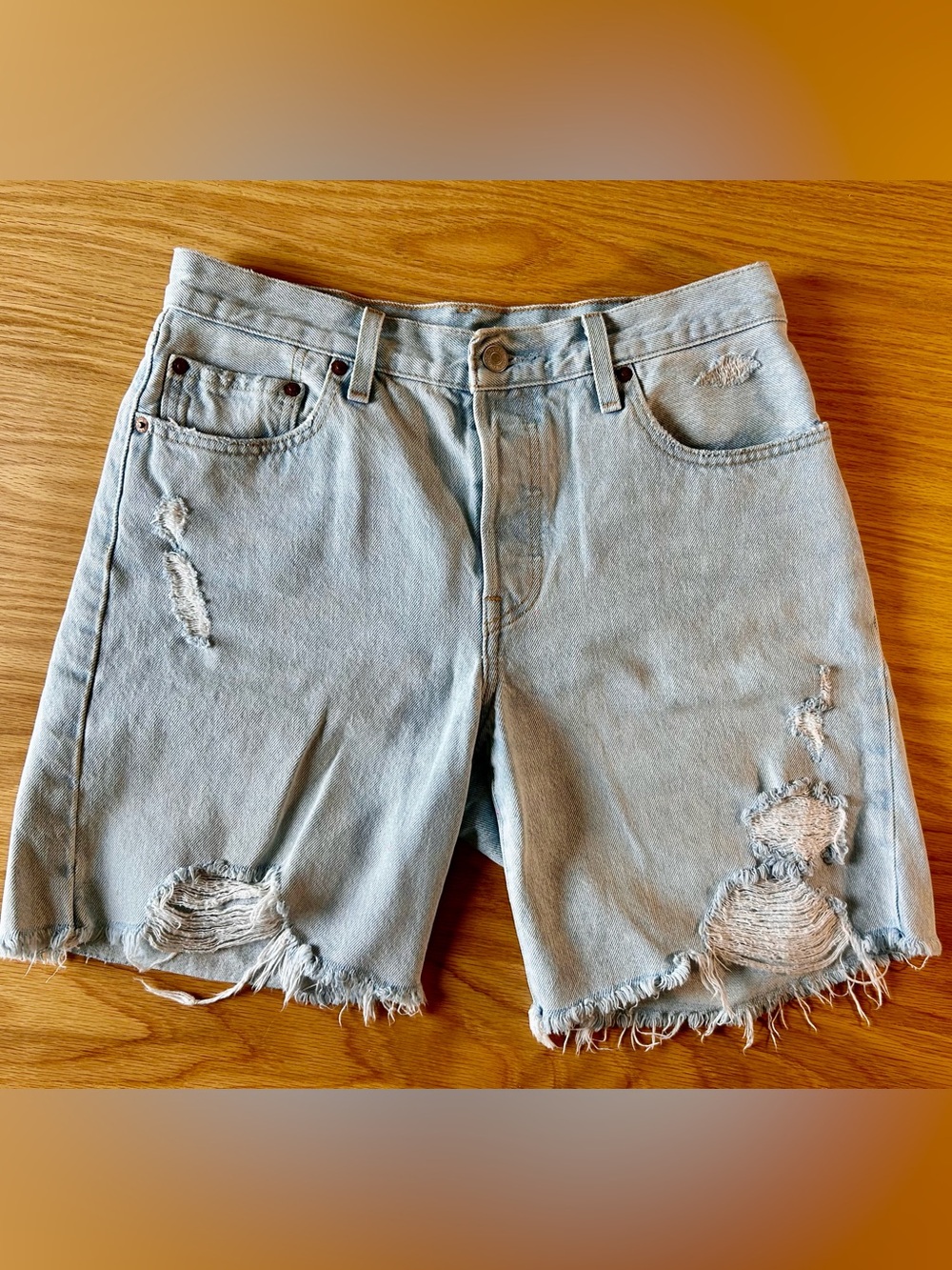 Levi's distressed light wash long denim button fly jean shorts size 28